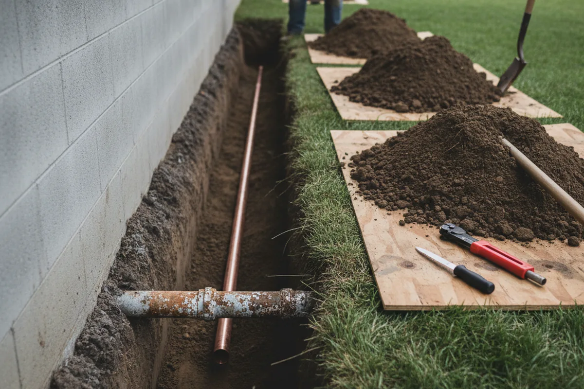 Excavated water line trench during Sewer Line Repair in Silver Lake